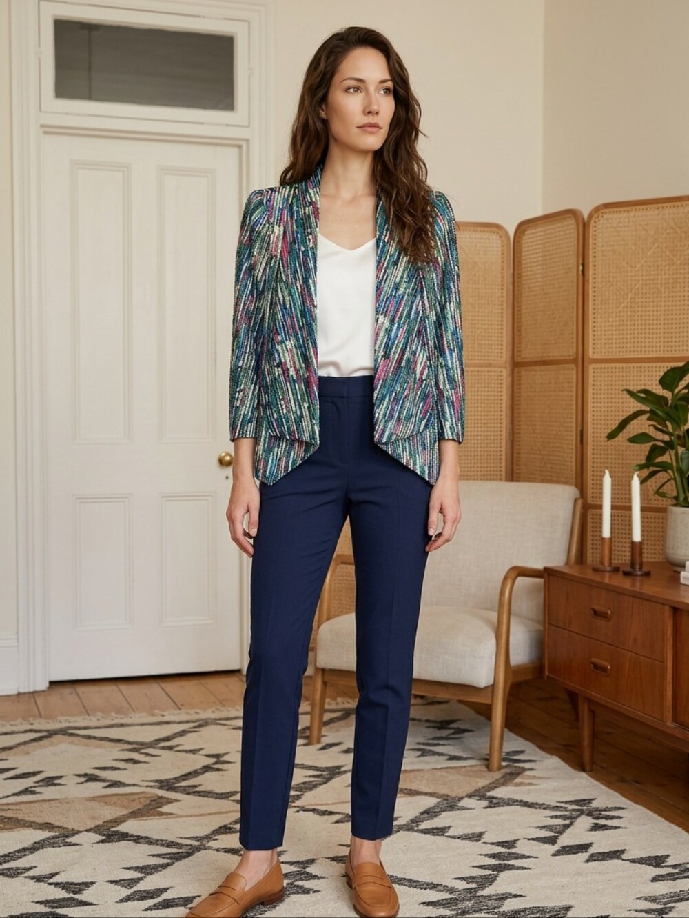 Mona Leah Couture  Multicolor Striped Open Front Women's Jacket
